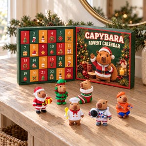 May include: A Capybara Advent Calendar box with 24 numbered doors featuring holiday icons. Six small capybara figurines are displayed in front, dressed as Santa Claus, an elf, a chef, an astronaut, an artist, and one inside a stocking.