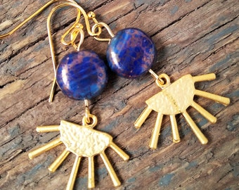 Blue Sun earrings, Gold sun earrings, boho earrings, gift for her, 30th birthday gift, blue gold earrings