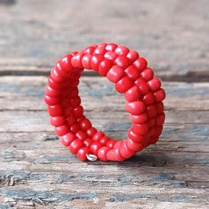 Red beaded ring, boho ring, beaded ring, adjustable ring, 21st birthday gift, gift for mom