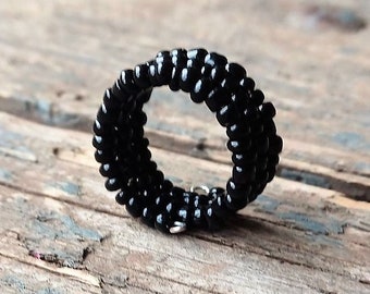 Black ring, beaded ring, ring, black jewelry, boho ring, adjustable ring