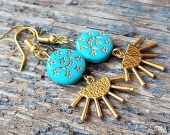 Turquoise Sun earrings, Gold sun earrings, boho earrings, gift for her, 30th birthday gift, blue gold earrings