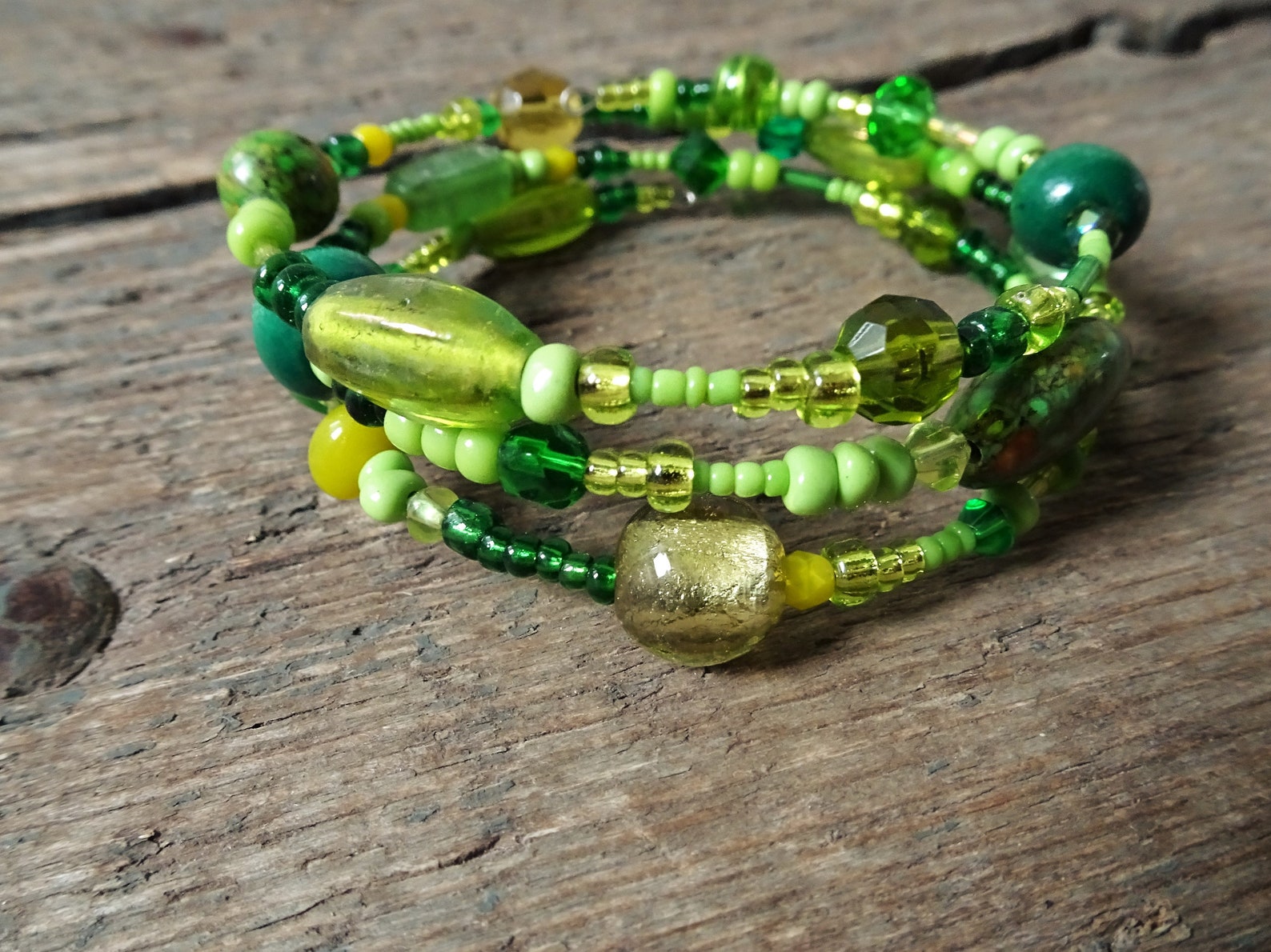 Green Wrap Bracelet Memory Wire Bracelet Green Bead Etsy