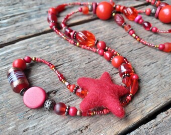 Long red necklace, red bead necklace, beaded necklace, red boho necklace, 60th birthday gift