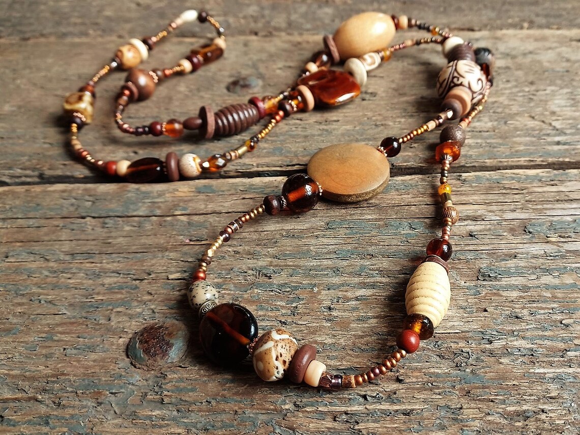 Long Brown Necklace Brown Bead Necklace Long Boho Necklace Etsy