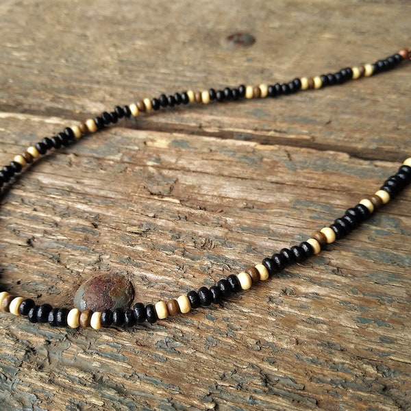 Black & brown wooden necklace, men's necklace, mens jewelry, surfer necklace, hippie necklace, necklace for men