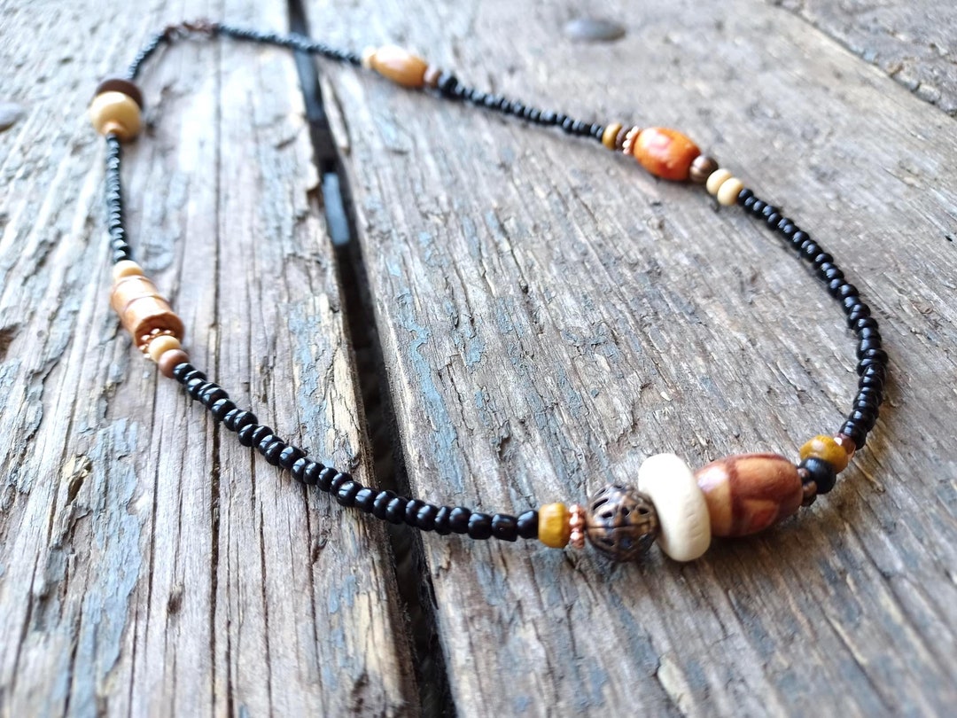 Black Beaded Necklace, Wooden Necklace, Wood Bead Necklace, Mens ...