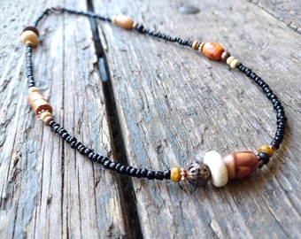 Black beaded necklace, Wooden Necklace, wood bead necklace, mens jewelry, surfer necklace