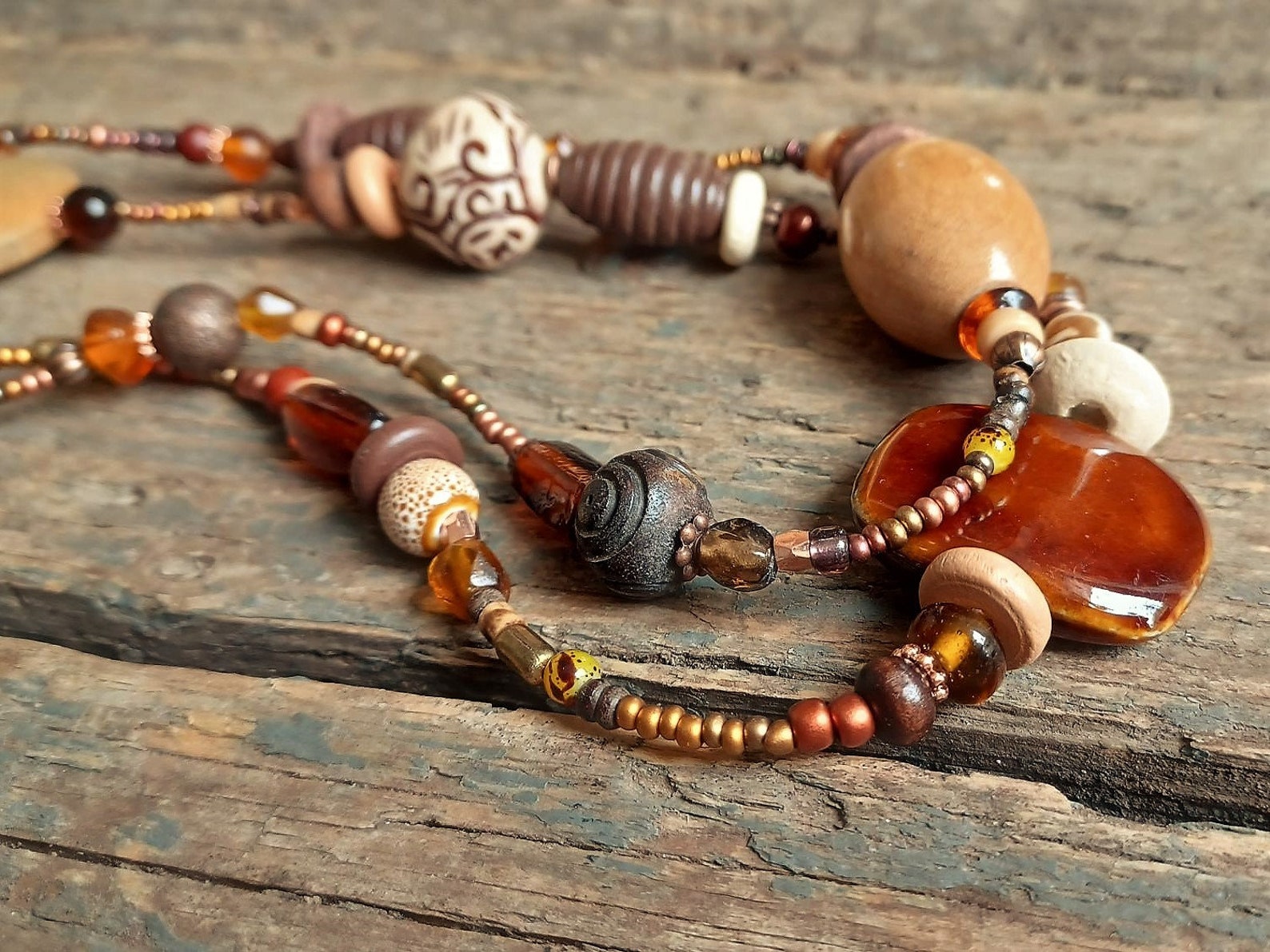 Long Brown Necklace Brown Bead Necklace Long Boho Necklace Etsy