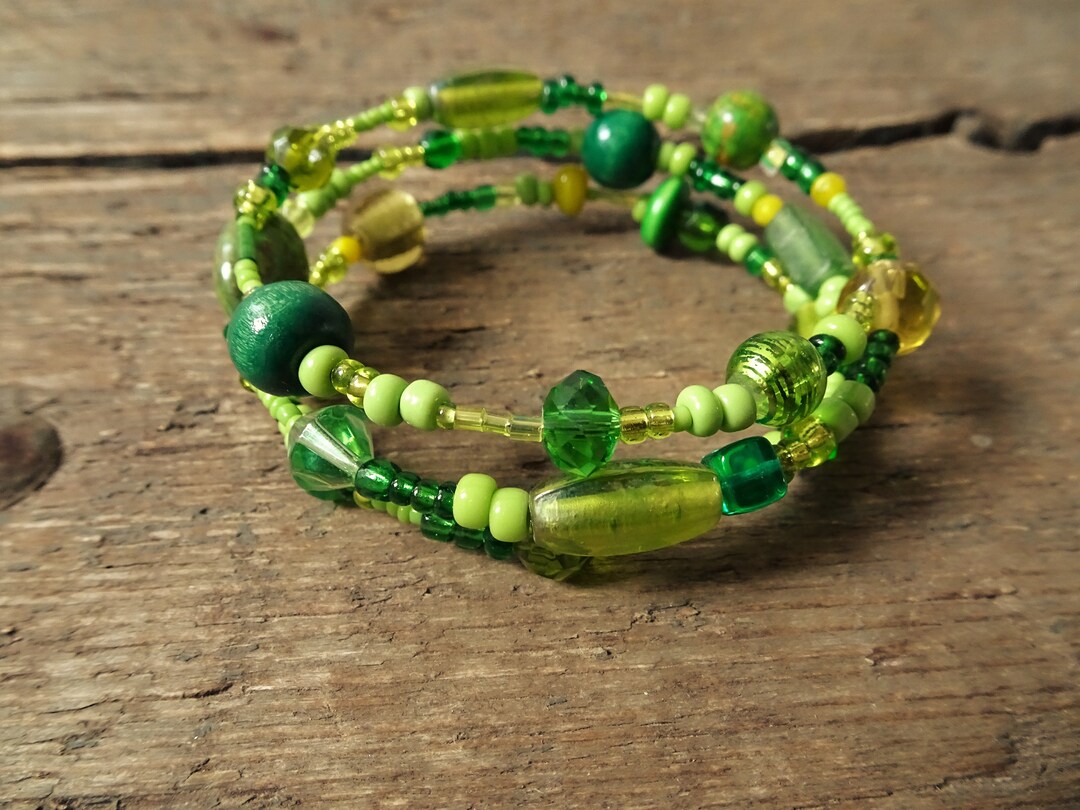 Green Wrap Bracelet, Memory Wire Bracelet, Green Bead Bracelet, Green