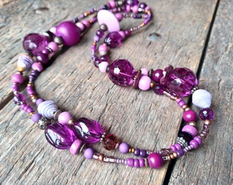 Long purple Necklace, purple bead necklace, purple boho necklace, 30th birthday gift, 40th birthday gift