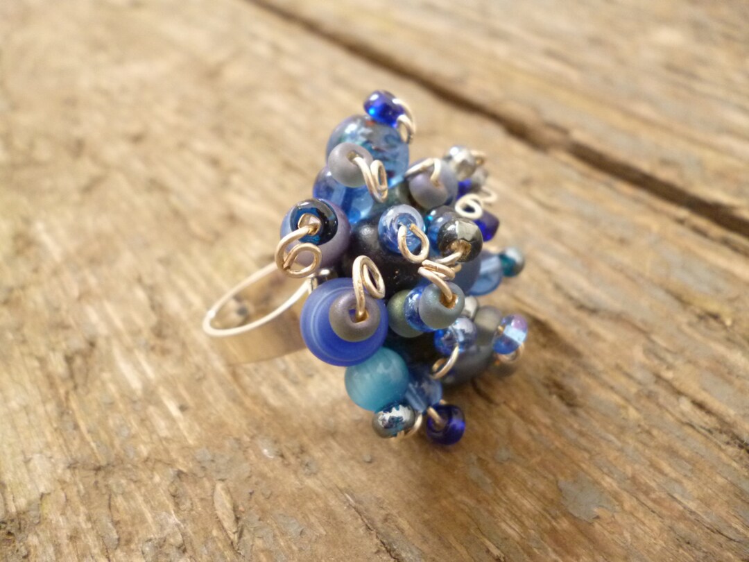 Blue Boho Ring, Blue Bead Ring, Blue Statement Ring, 30th Birthday Gift ...