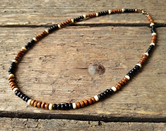 Black and brown Wooden Necklace, wood bead necklace, man necklace, men's jewelry, surfer necklace, necklace for men