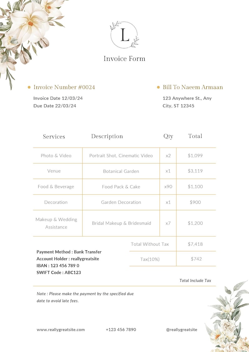 Simple Event Invoice Wedding Planner Invoice Template, Editable Client Billing Form, Canva ...