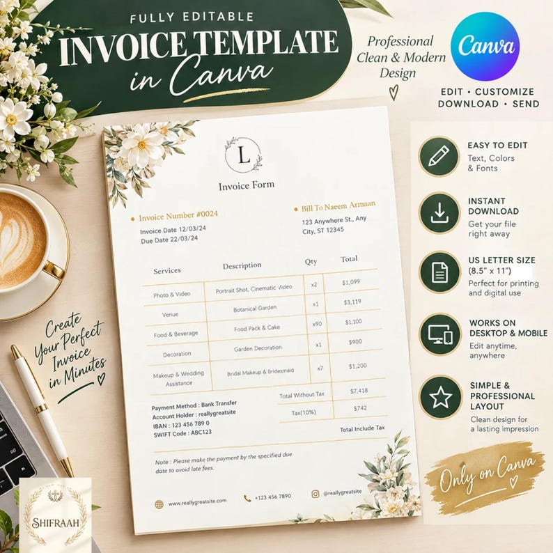 Simple Event Invoice Wedding Planner Invoice Template, Editable Client Billing Form, Canva ...