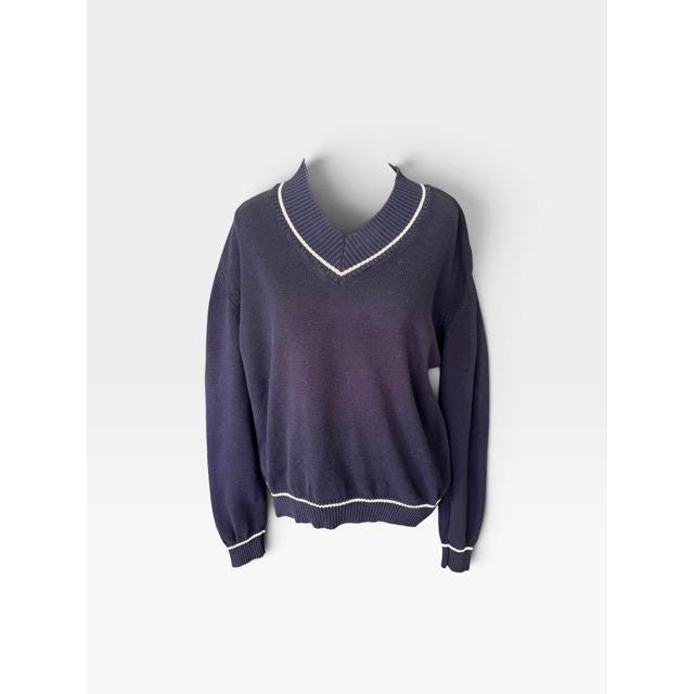 Façonnable, F. by Faconnable Vintage V Neck Sweater 100% Pima Cotton Italy Navy XL Preppy