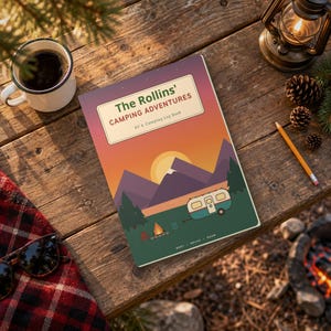 May include: A rectangular log book with a sunset mountain landscape illustration, a camper trailer, and a campfire. The cover text reads The Rollins' Camping Adventures RV & Camping Log Book, with smaller text at the bottom reading REST RELAX ROAM.