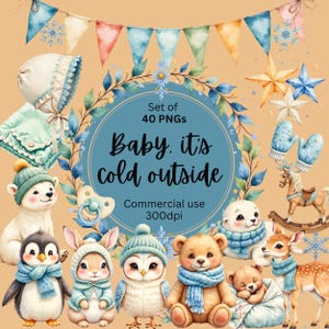 Könnte beinhalten: Eine digitale Sammlung von 40 PNG-Bildern mit winterlichen Illustrationen, darunter eine Babyhaube, eine Decke, ein Schnuller, ein Schaukelpferd und verschiedene Tiere wie ein Eisbär, Pinguin, Hase, Eule und Reh, die Schals tragen.