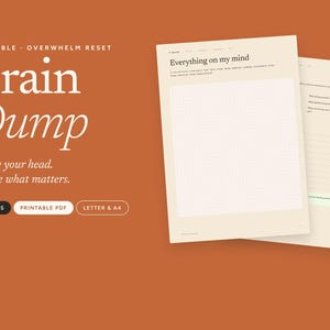 Puede incluir: Un conjunto de planificador Brain Dump imprimible sobre un fondo color óxido. El texto dice: Printable Overwhelm Reset, Brain Dump, Empty your head. Choose what matters. 19 Pages, Printable PDF, Letter & A4. Se muestran dos páginas color crema.
