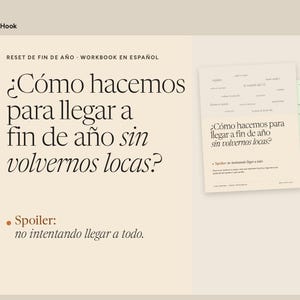Puede incluir: Un libro de trabajo digital titulado Reset de Fin de Año con el texto ¿Cómo hacemos para llegar a fin de año sin volvernos locas? y el spoiler no intentando llegar a todo. El documento presenta un fondo beige con texto marrón oscuro.