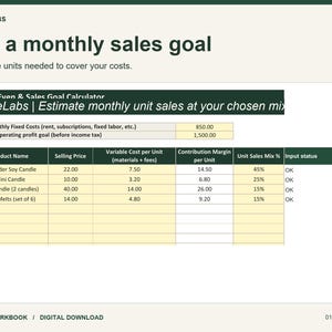 Break Even Calculator Spreadsheet, Monthly Unit Sales Goal, Product Mix Planner, Excel & Google Sheets
