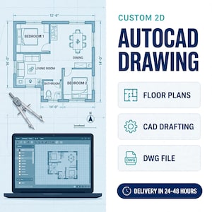 May include: A custom 2D AutoCAD drawing service featuring a blue floor plan with dimensions in feet, a metal drafting compass, and a laptop displaying architectural software. Text includes CUSTOM 2D AUTOCAD DRAWING, FLOOR PLANS, CAD DRAFTING, and DWG FILE.