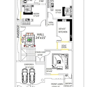 May include: A black and white architectural ground floor plan showing a carporch, hall, kitchen, multiple rooms, bathrooms, and a front lawn. The layout includes labeled dimensions in feet, such as a 24'x15' hall and 20.9'x19' carporch.