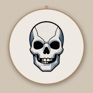 May include: A circular embroidery hoop containing a fabric panel with a centered, stylized skull illustration. The skull is rendered in shades of white, light gray, and dark blue, featuring deep black eye sockets and a detailed jaw with visible teeth.