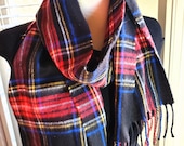 CEJON Scarf Muffler ITALY Red Blue Black Tartan Super Soft Acrylic Fringed Unused Vintage - Unisex - Accessory