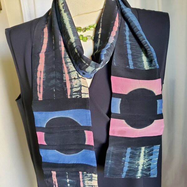 NICOLE ST. PIERRE Studio Artist Pure Silk Long Scarf / 5" x 70" / Double Layer / Shibori Hand Dyed Design / Lovely Colors / Vintage