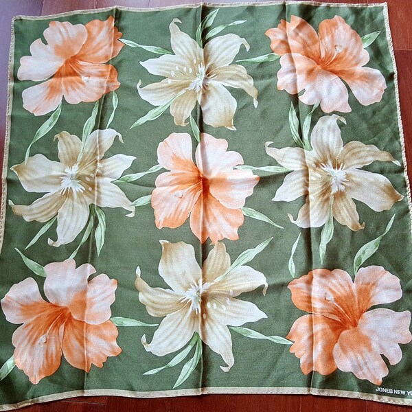 JONES NEW YORK Silk Satin Scarf Square 21" Bandana Neckerchief Lilies Floral Design Pretty Colors Beautiful Vintage Accessory