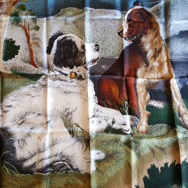 PERRY ELLIS Silk Scarf 34" x 35" Square / DOGS Scene / Multi Shades / Luxurious English Country Vintage Accessory