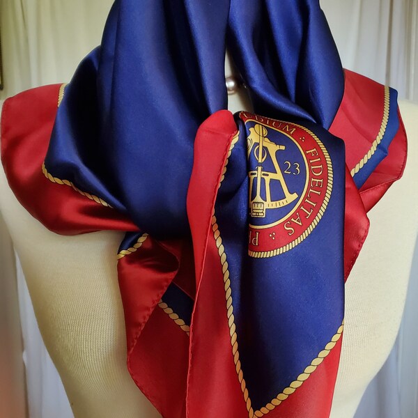 BELMONT HILL SCHOOL Silk Satin Scarf / 33" x 34" Square / Anniversary 1923-2023 / Royal Blue Gold Red / Vintage Accessory / Rare Find