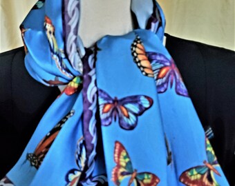 SMITHSONIAN INSTITUTION / Long Silk Satin Scarf / 13" x 58" / BUTTERFLIES / Multi Colors on Blue / Vivid and Striking