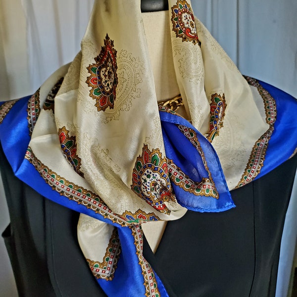 ECHO Silk Scarf Square 31" Square / Paisley / Vintage / Red Green Gold Blue on Cream / SLIGHT FLAWS