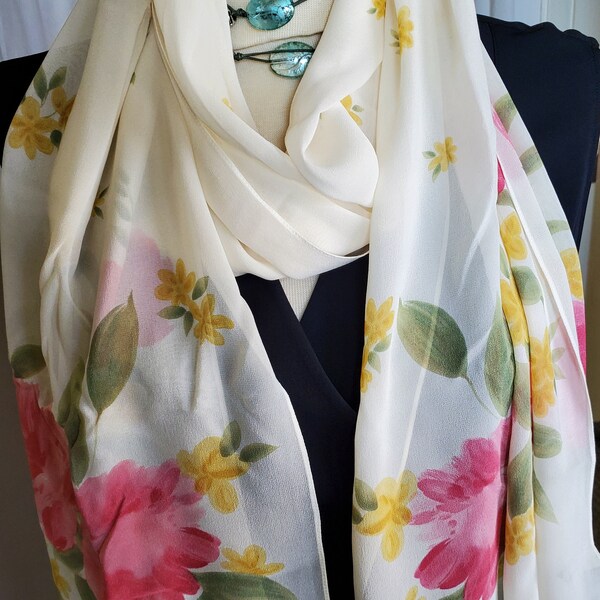 ANN TAYLOR Silk Crepe de Chine Scarf / Wrap / 18" x 76" Oblong / FLORAL / Pink Green Yellow on Ecru / Charming Classic Accessory