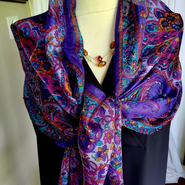Handwoven Silk Chiffon Long Scarf / Wrap / INDIA / 20" x 68" Semi-Sheer Lustrous Pure Silk / Purple Magenta Pink Orange / Rare and Beautiful