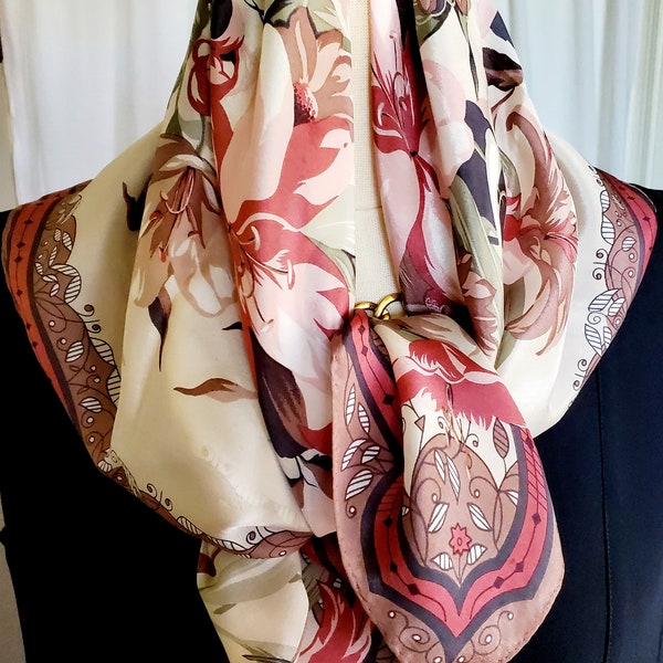 Vera Neumann Silk Scarf / 29" Square / Pinks Greens Floral / Extra Pretty / Excellent Vintage