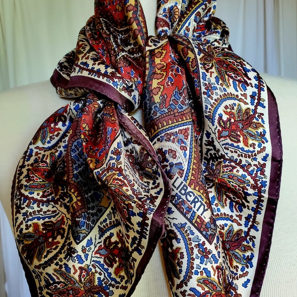 Liberty of London England / Silk Twill Scarf 26" x 27" Square / Mid-Century Classic Scarf / Paisley Design / Red Gold Blue / Lovely!