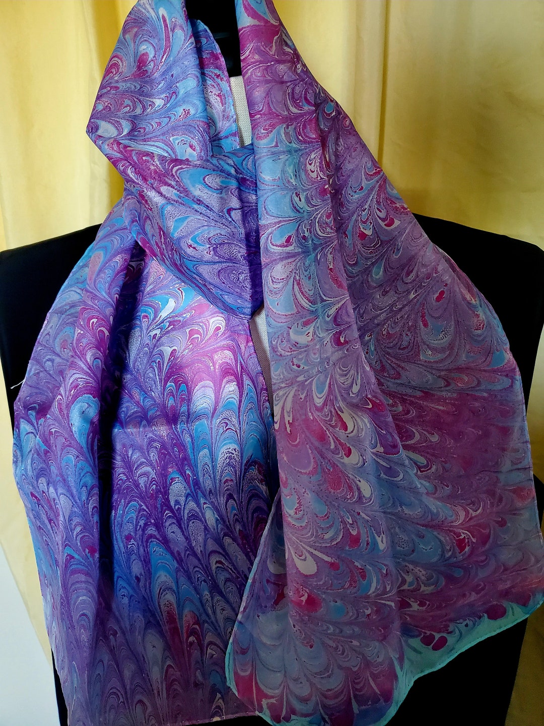 WATER MARBLED Silk Artist Scarf 10 X 53 Oblong / Beautiful Pinks