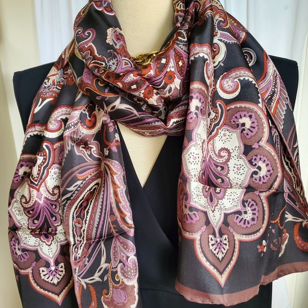 V. FRAAS GERMANY Silk Scarf / 16" x 63" Oblong / Mauve Coral Pink Gray / Hand Rolled Hem / Excellent