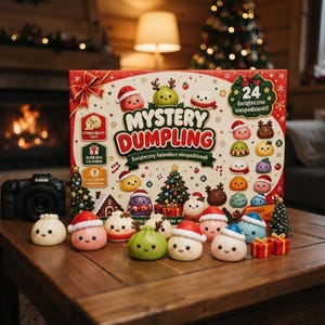 Op de afbeelding: Een Mystery Dumpling adventskalenderdoos met 24 kerstverrassingen, versierd met feestelijke illustraties van cartoon-dumplings. Verschillende kleine, kleurrijke, ronde, dumpling-vormige stressballetjes staan opgesteld voor de doos.
