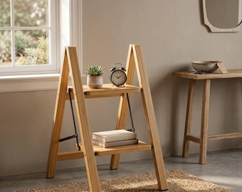 HighUp Folding Ladder, Compact Kitchen Stepladder for Adults, Wooden Step Stool for High Cabinets