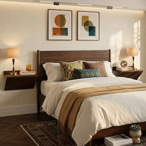 May include: A dark wood bed frame with a headboard, white bedding, and a tan throw blanket. Two floating nightstands hold lamps, books, and a clock. Two framed geometric prints hang above the bed on a textured off-white wall.