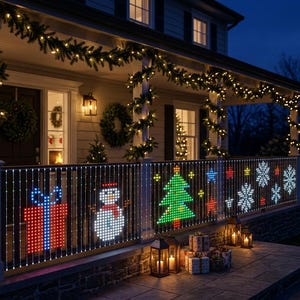 Op de afbeelding: Een verandahek versierd met een raster van LED-verlichting met kleurrijke vakantie-iconen, waaronder een rood cadeau, een sneeuwman, een groene kerstboom, sterren en sneeuwvlokken. Lantaarns en ingepakte cadeaus staan op de stenen vloer.