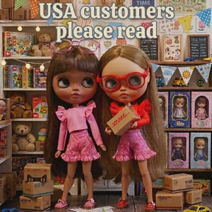 May include: Two dolls in pink outfits and glasses are in a toy shop. One doll holds a DHL box. The text "USA customers please read" is above the dolls. Shelves are filled with toys and boxes, creating a playful scene.