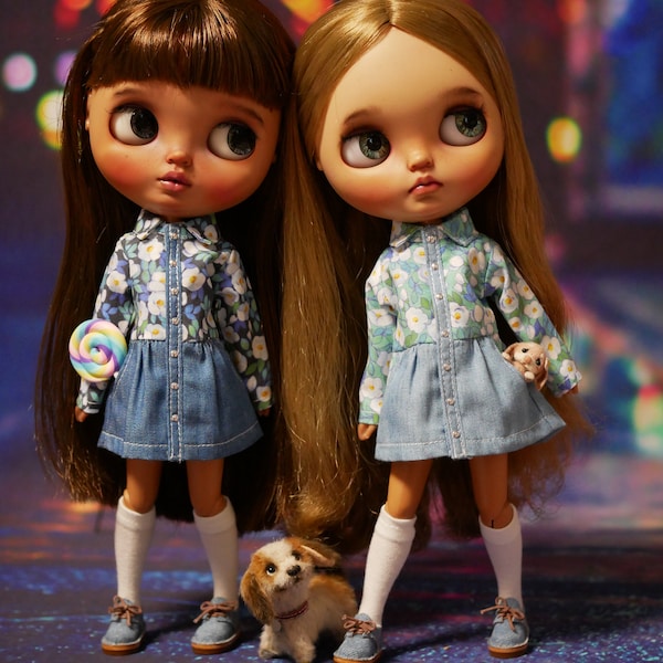 Floral Print Dress with Denim Skirt for Blythe Dolls