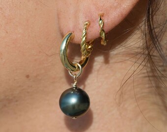Gold Filled Latch Tahitian Pearl Hoop Earrings - Ahe