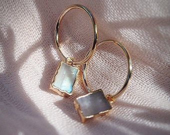 Shipping Delay Notice - See Description Small Rainbow Moonstone Hoop Earrings, Gold Filled Hoops
