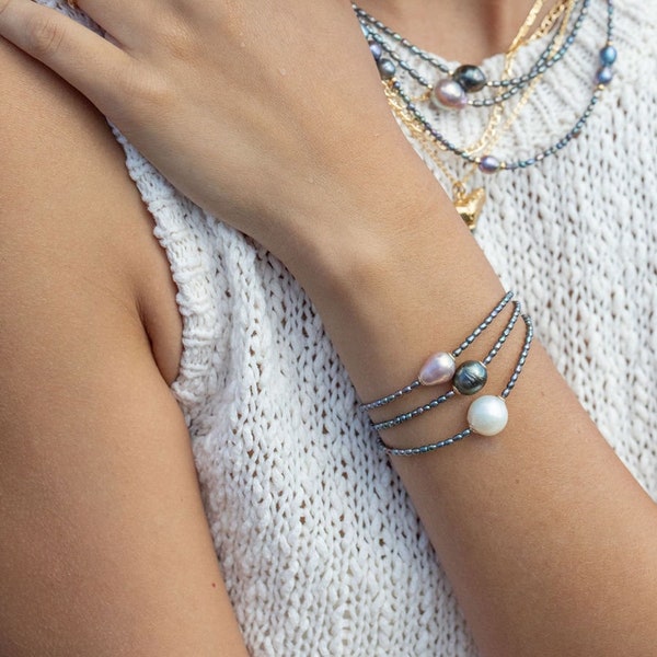 Bracelet en perles de paon baroque blanc - Or Kaimalie