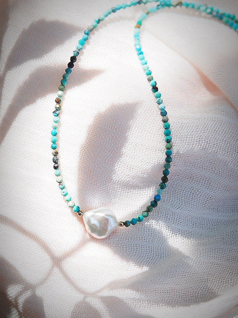 Dainty Pearl Turquoise Choker Necklace, Beaded Turquoise Necklace, June December Birthstone, Layering Bead Necklace,Beaded Jewelry,Gifts Her image 6